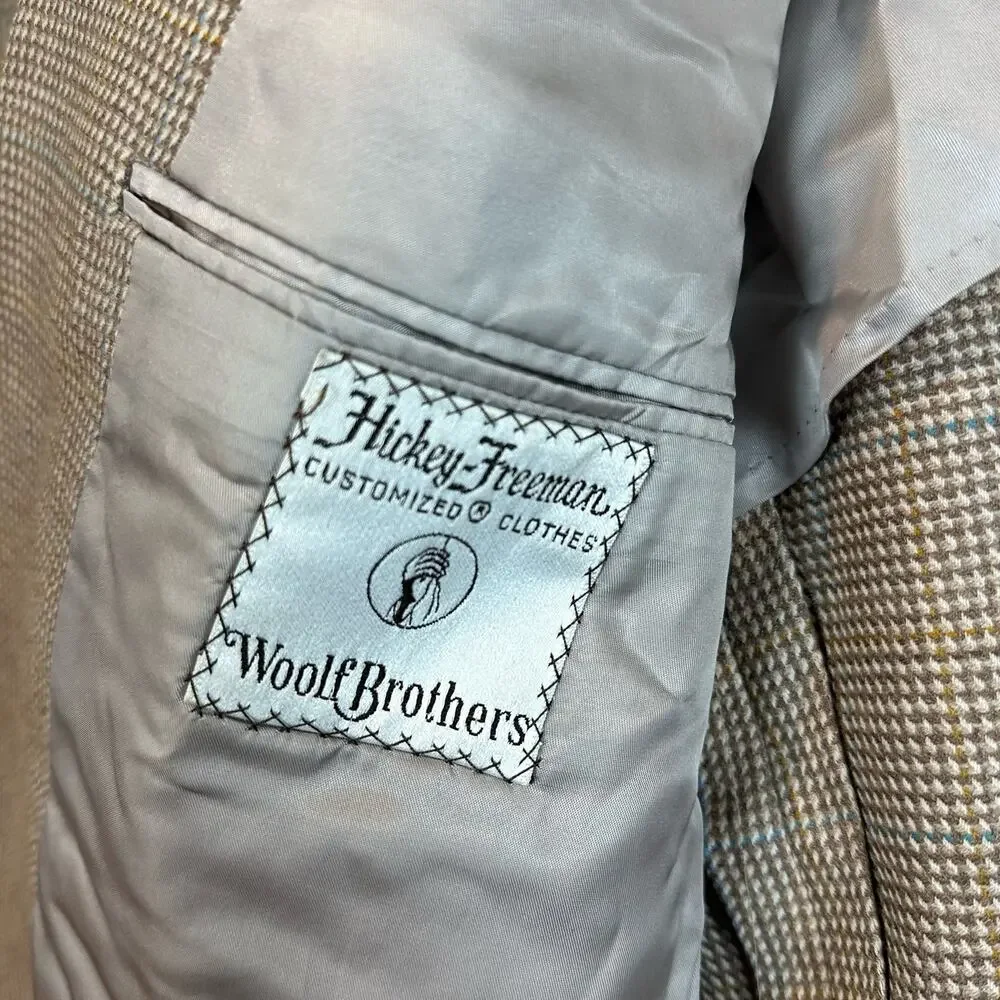 Hickey Freeman Woolf Brothers Wool Blazer Jacket SportCoat Tan Plaid 42L 42 Long